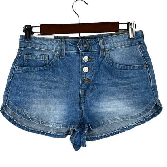BP. STRETCH HIGH-RISE DENIM SHORTS‎ IN AUTHENTIC LIGHT BLUE WASH NWT SIZE 27 - Picture 1 of 14